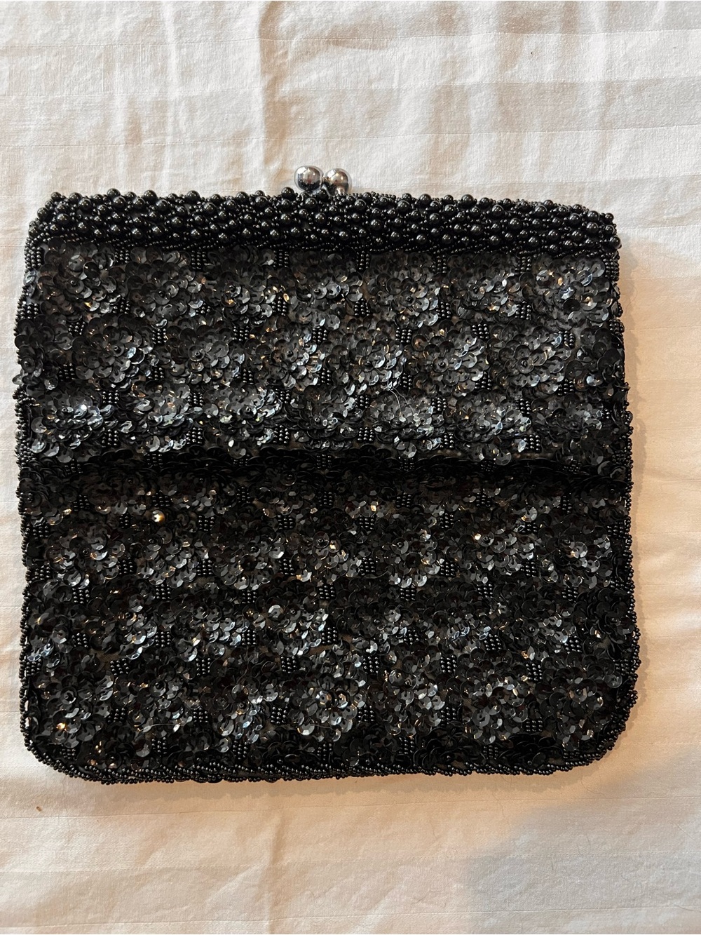 Vintage 1960s Hand Beaded Black Evening Clutch made in Hong Kong